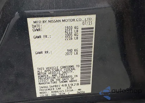 2015 Nissan Altima 2.5 S from USA, damaged, VIN 1N4AL3AP8FC481928